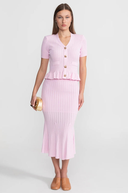 Ribbed Knit Peplum Top and Midi Skirt Co-ord with Gold Buttons – Pink