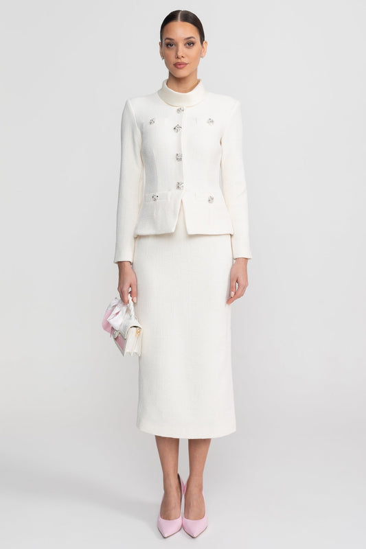 High Neck Bouclé-Style Midi Dress with Crystal Buttons – White