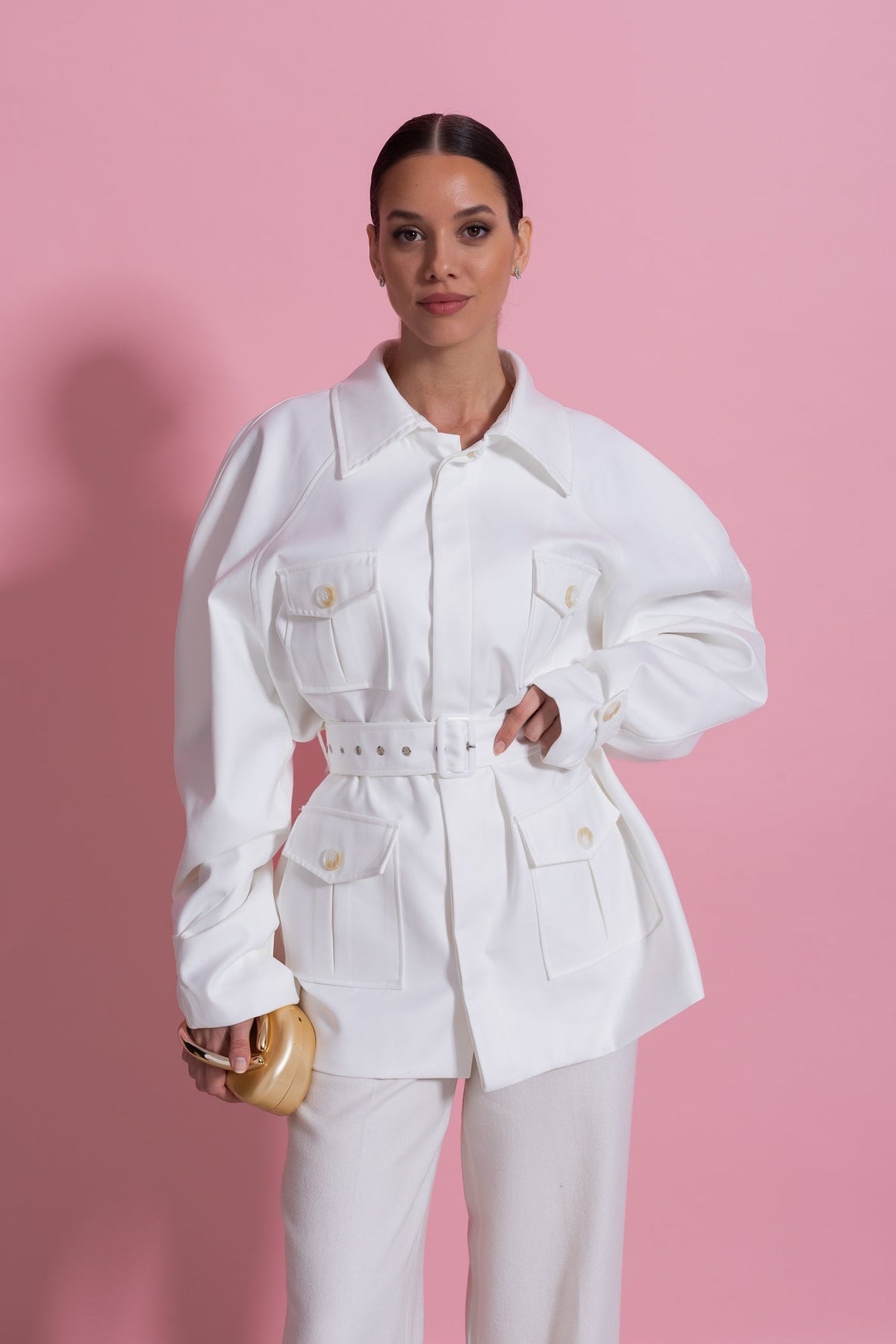 Belted Oversized Utility Jacket with Flap Patch Pockets – White – view 5