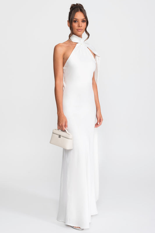Twist Halter Satin Slip Dress with Asymmetric Neckline – White – view 2