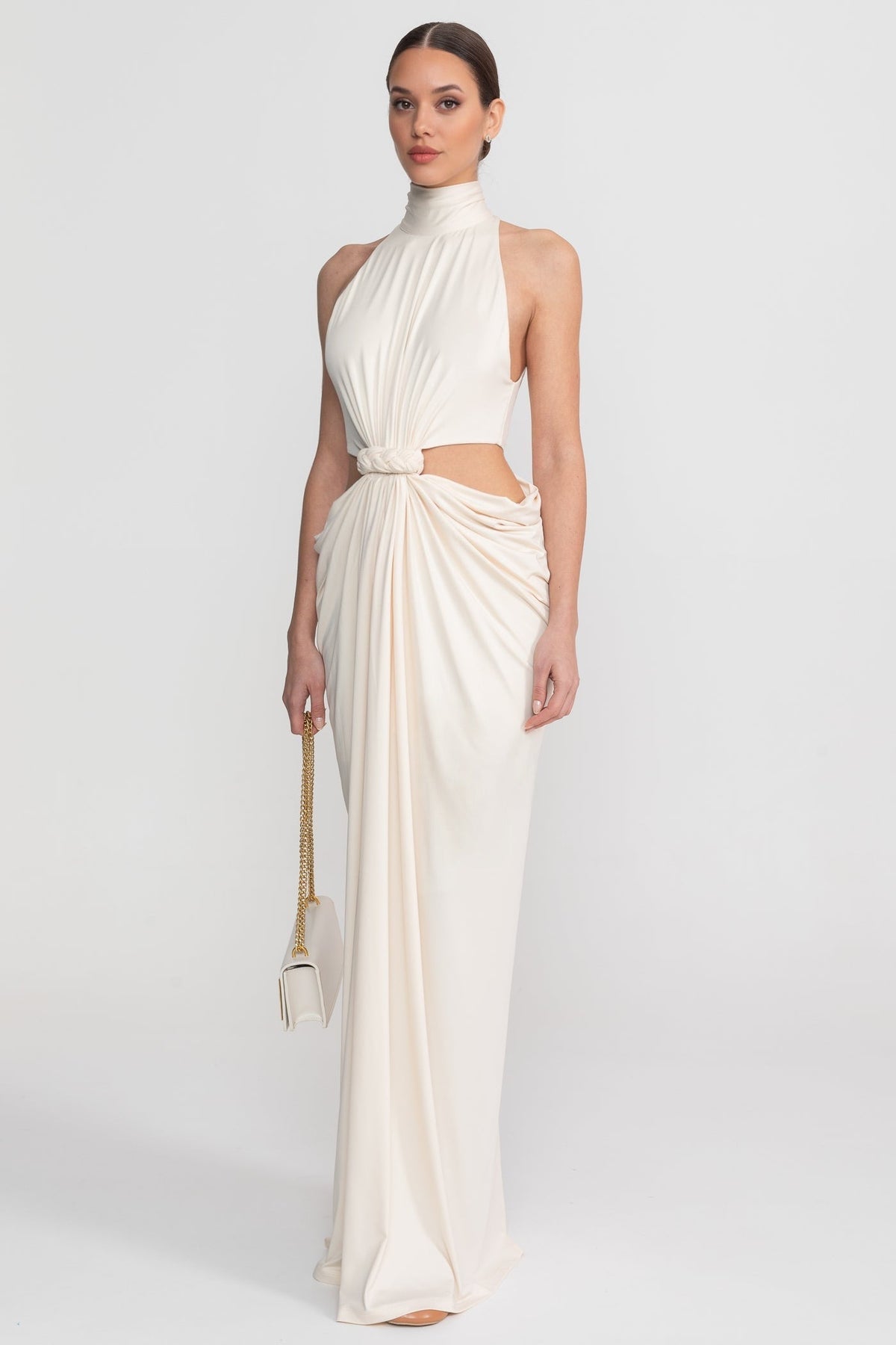 High Neck Halter Jersey Maxi Dress with Knotted Cut-Out Waist – Ivory – view 3