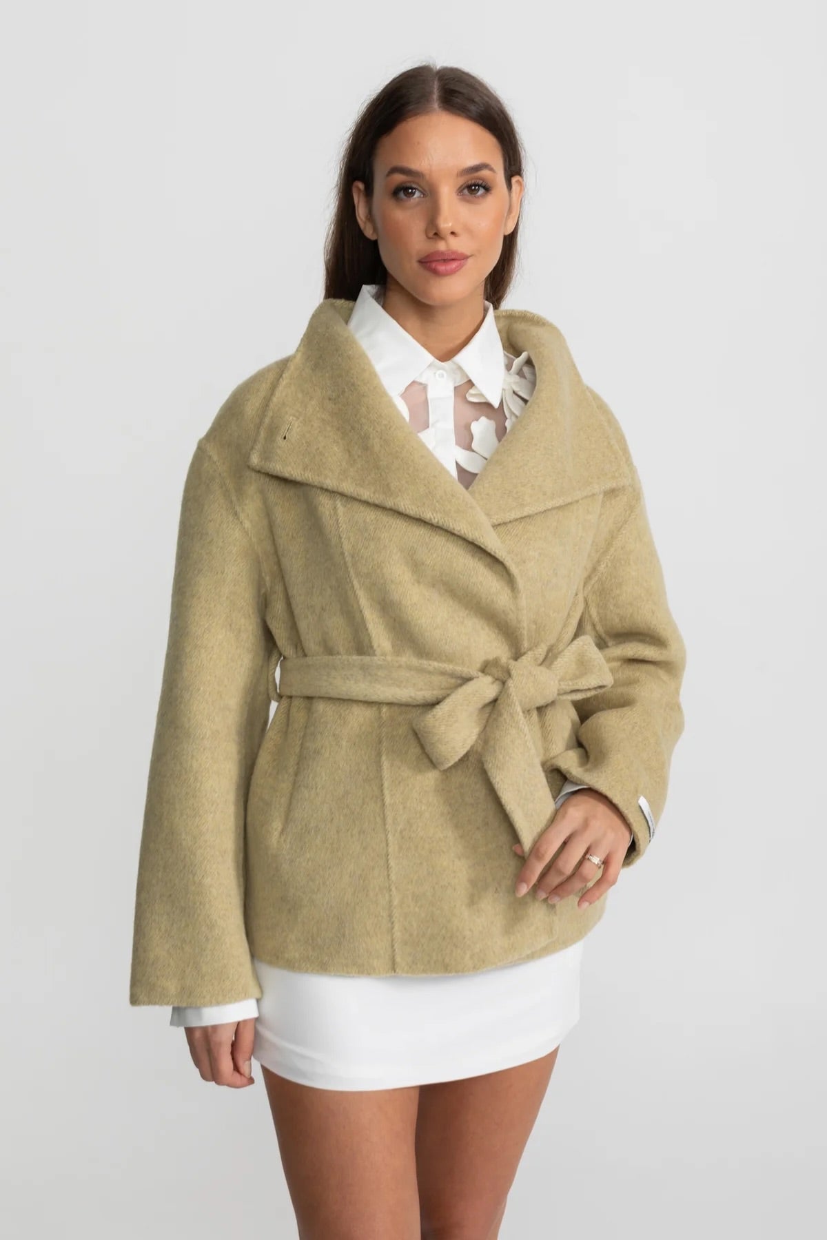 Belted Wool Blend Mini Coat with High Neck and Wide Sleeves – Beige