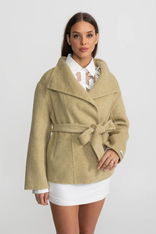 Belted Wool Blend Mini Coat with High Neck and Wide Sleeves – Beige