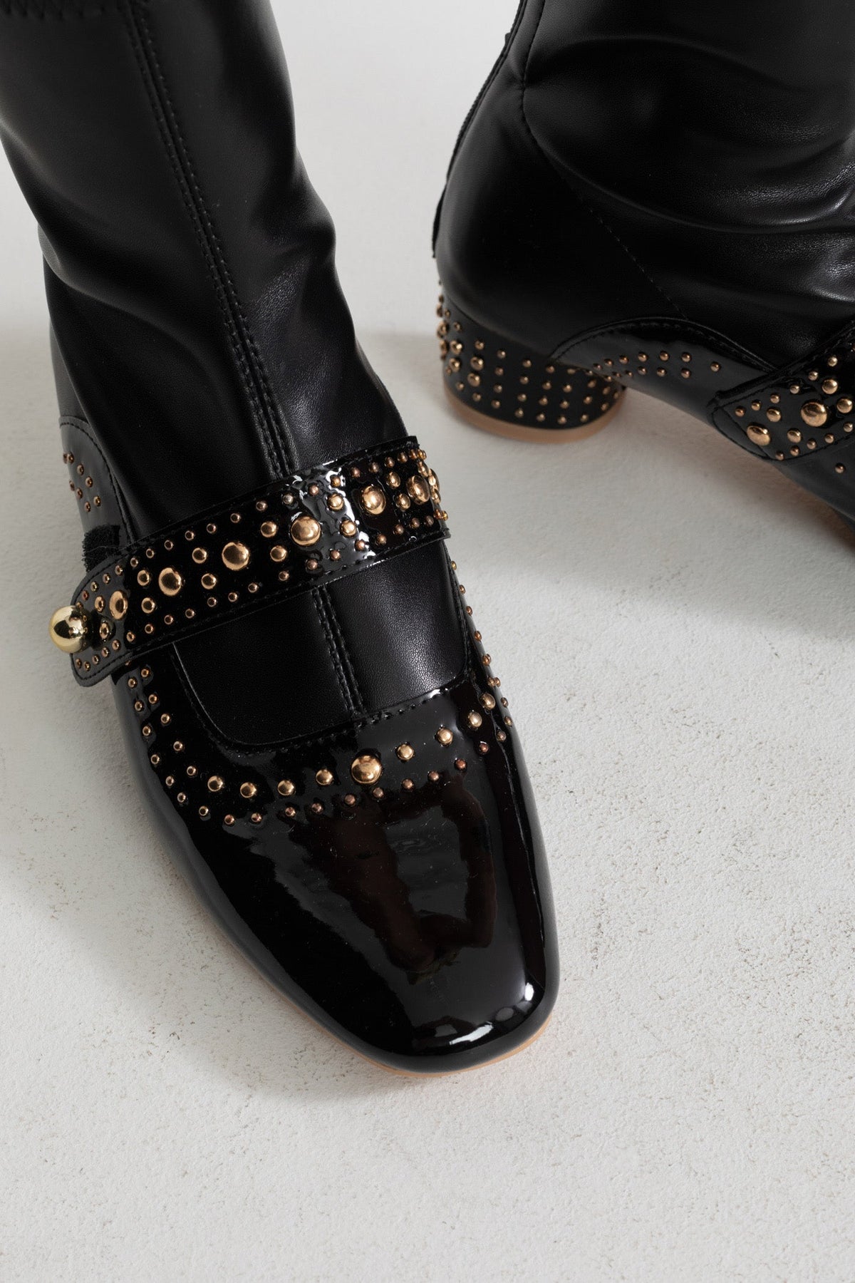 Studded Patent Ankle Boots with Adjustable Strap – Black – view 2