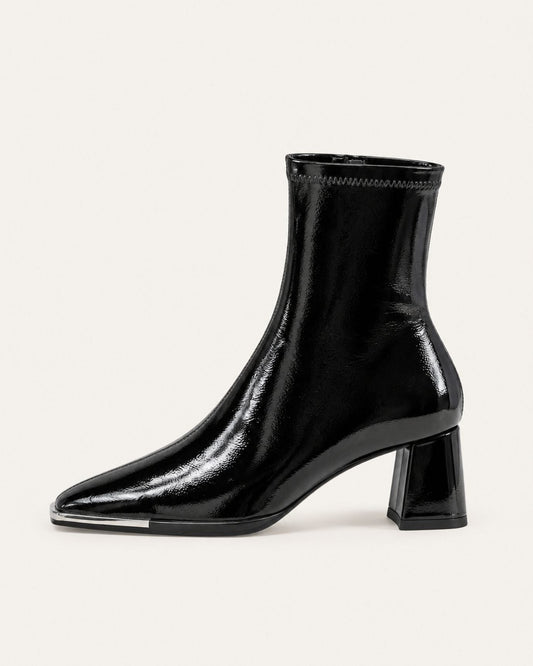 Patent Leather Block Heel Stretch Chelsea Ankle Boots – Black