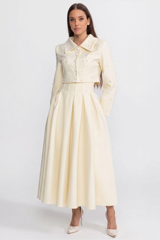 Pearl Embellished Cropped Jacket and Pleated Midi Skirt Set – Ivory