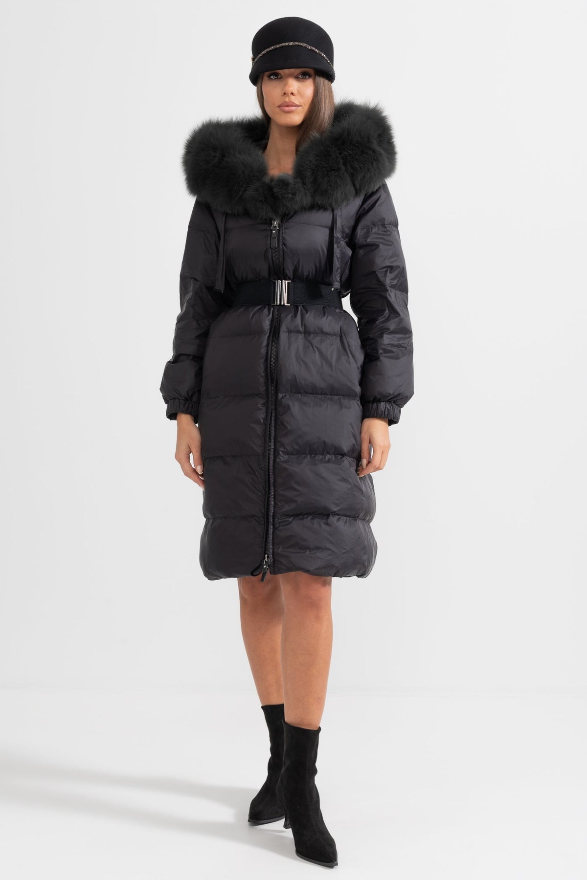 Long Duck Down Puffer Jacket with Black Lined Hood – Black