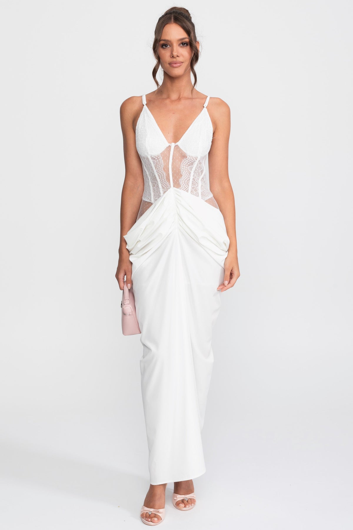 Lace Bodice Satin Draped Gown with Spaghetti Straps – White – view 1