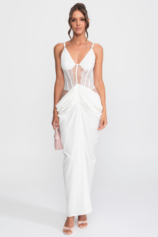 Lace Bodice Satin Draped Gown with Spaghetti Straps – White