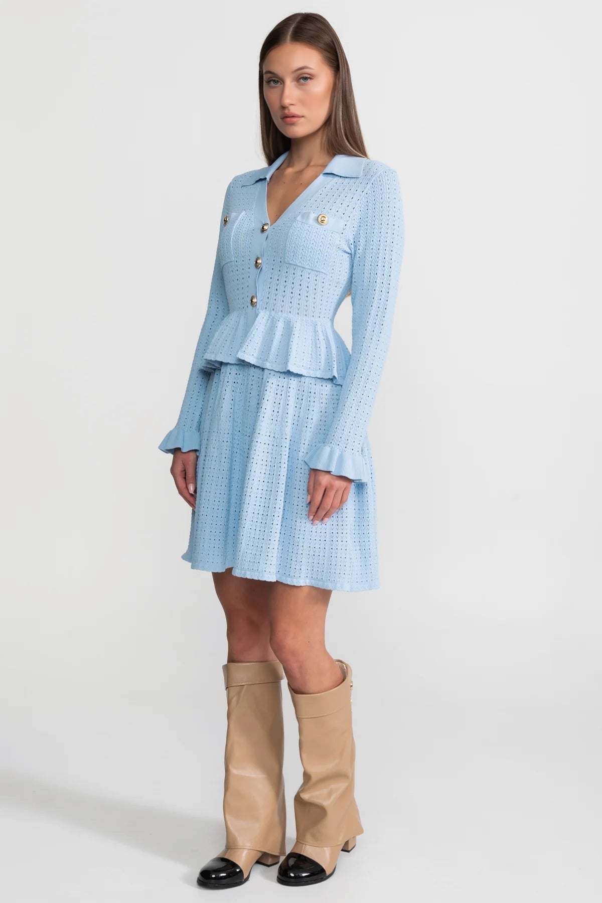 Collared Knit Mini Dress with Peplum Waist and Gold Buttons – Light Blue – view 4