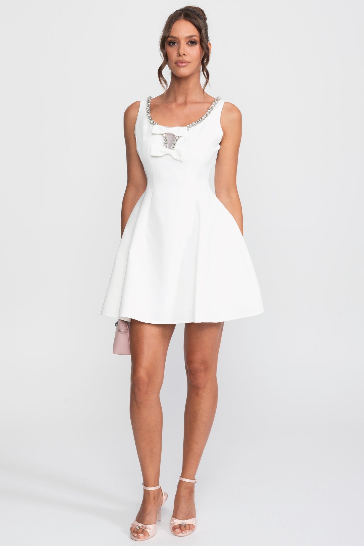 Sleeveless Crystal Trim Fit and Flare Mini Dress with Bows – White