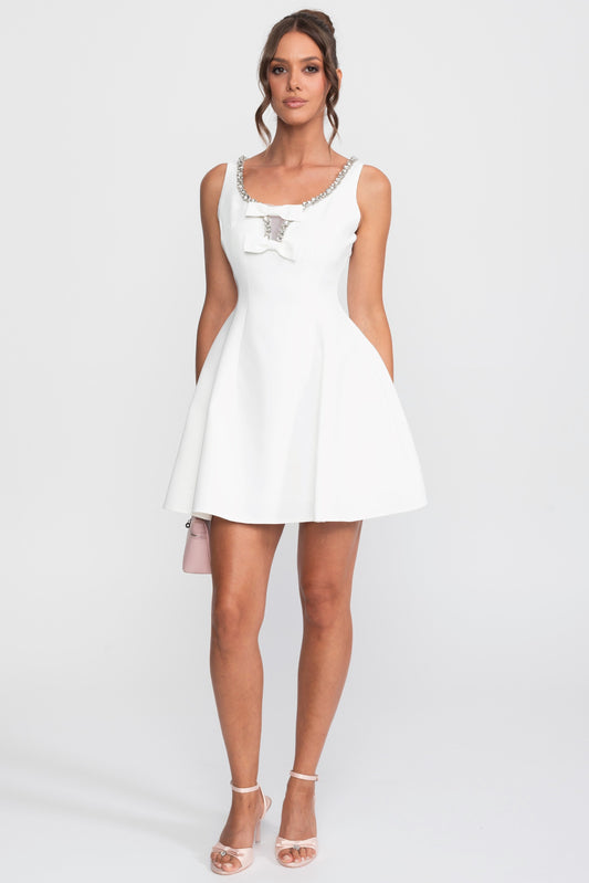 Sleeveless Crystal Trim Fit and Flare Mini Dress with Bows – White