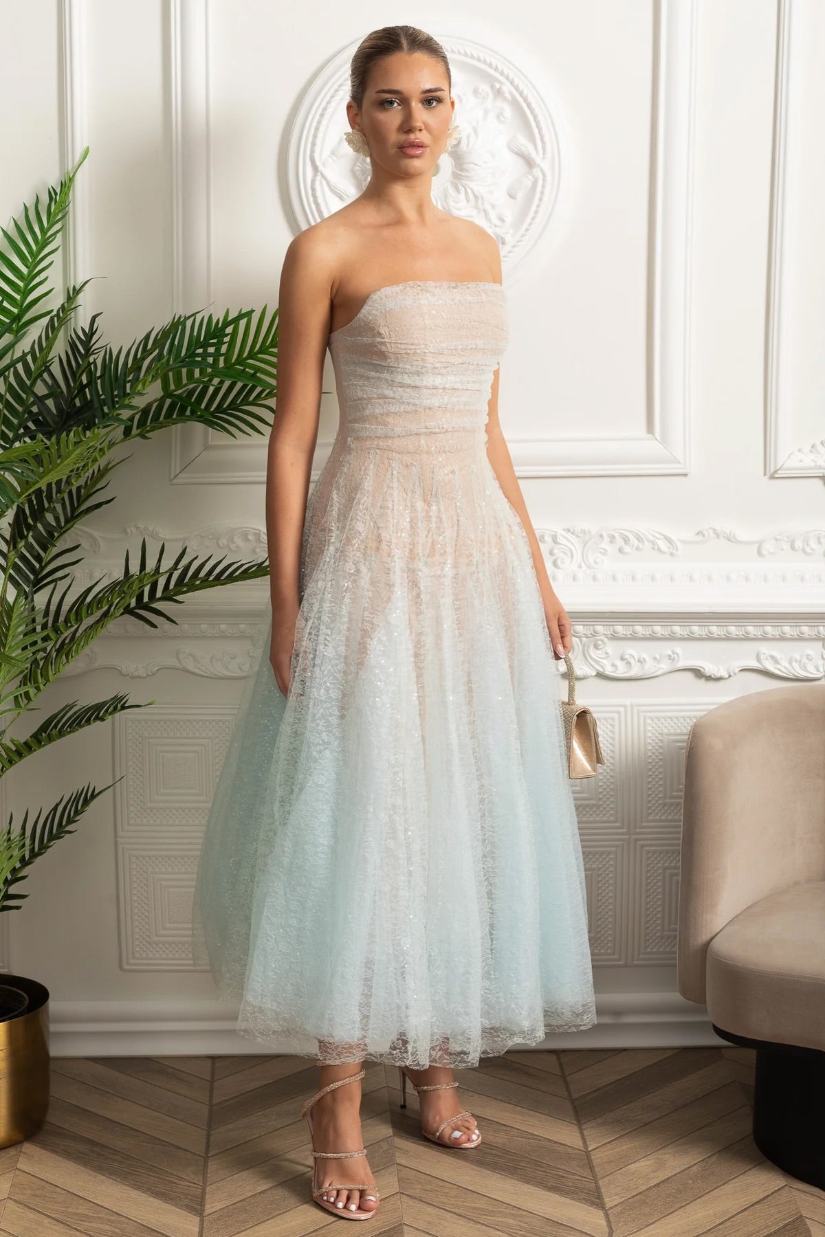 Strapless Tulle Midi Dress with Iridescent Sparkle – Turquoise Gradient