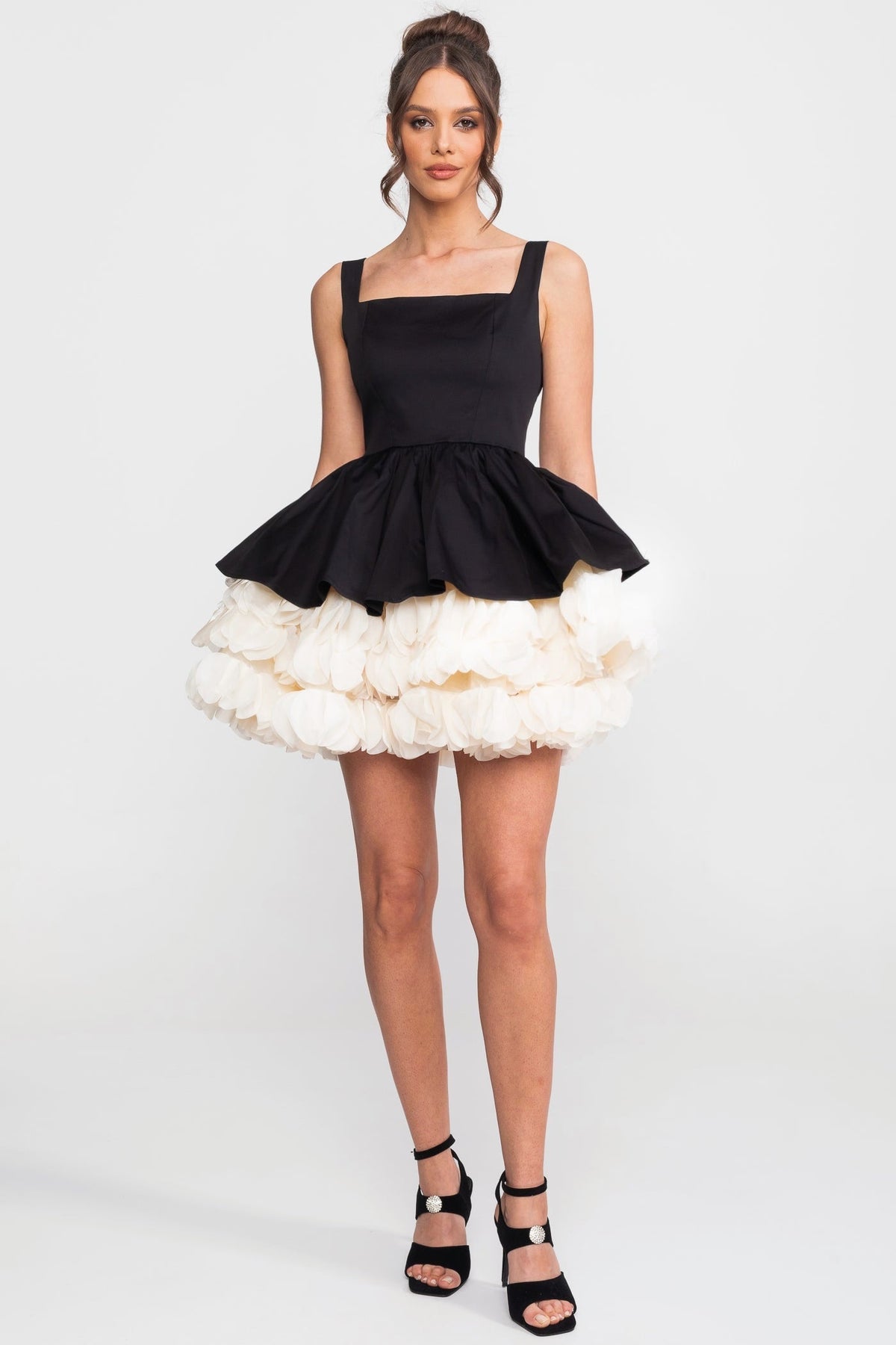 Strapless Structured Mini Dress with Organza Ruffle Underskirt – Black – view 3
