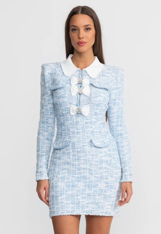 Long Sleeve Tweed Mini Dress with Peter Pan Collar and Bows – Light Blue