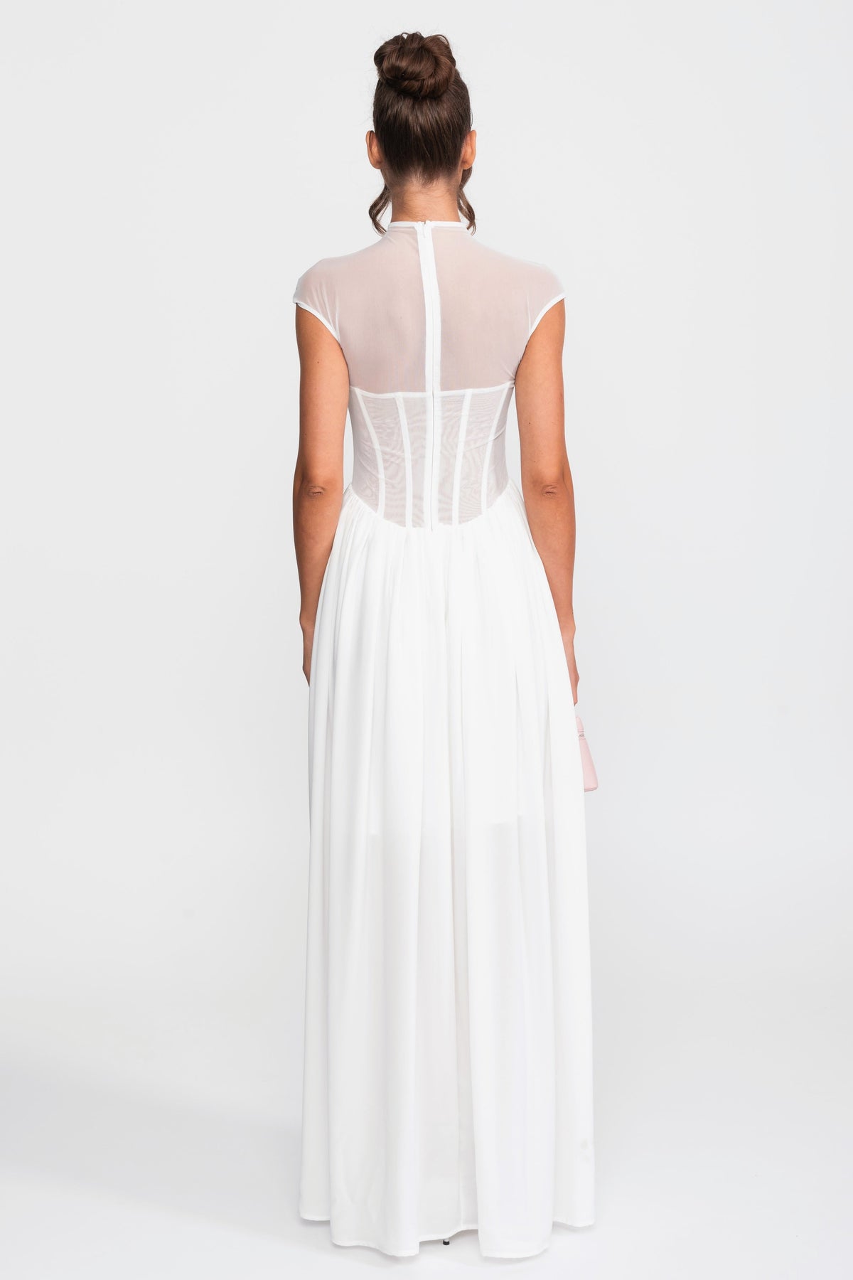 Sheer Mesh Mock Neck Corset Maxi Dress with Cap Sleeves – White – view 5