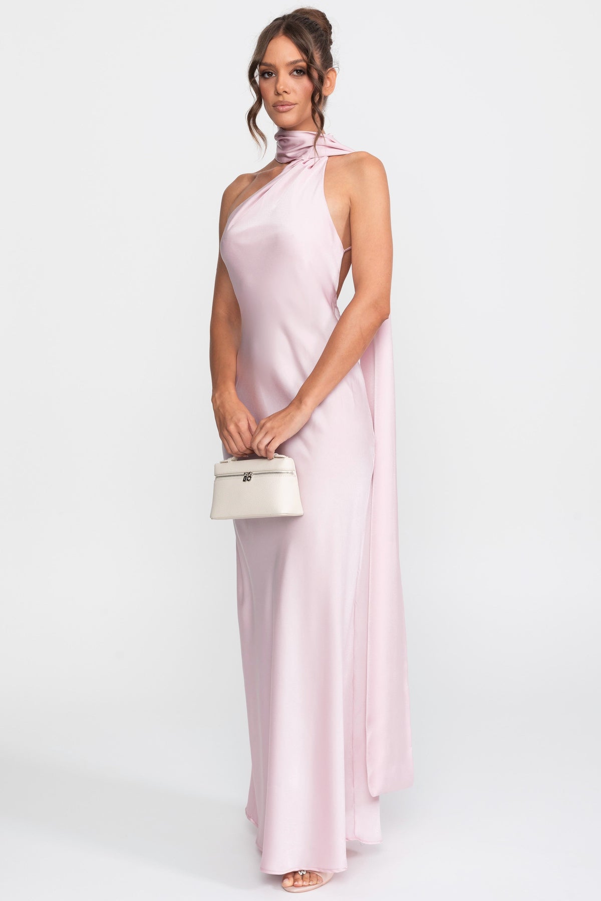 Twist Halter Satin Slip Dress with Asymmetric Neckline – Pink – view 3