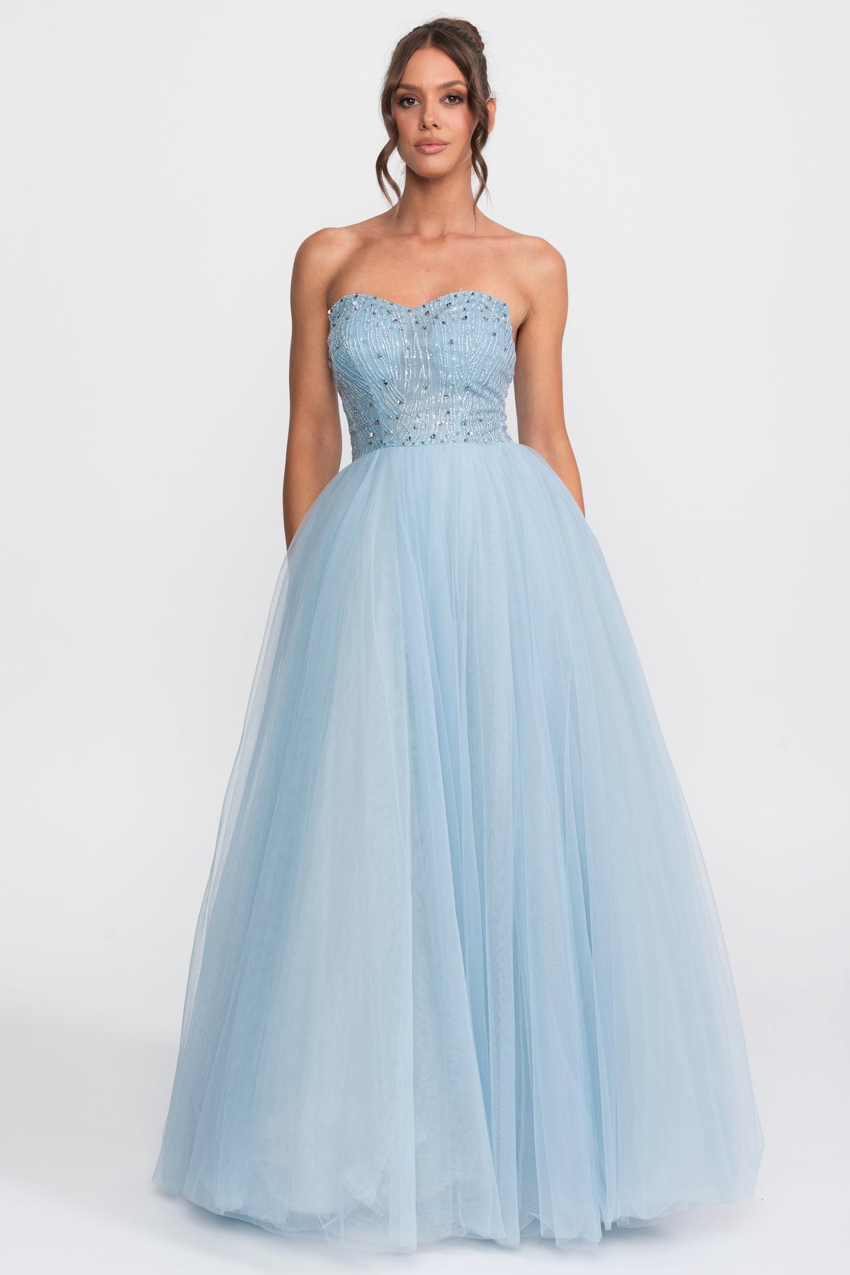 Strapless Sweetheart Tulle Ball Gown with Sequin Embellishment – Light Blue
