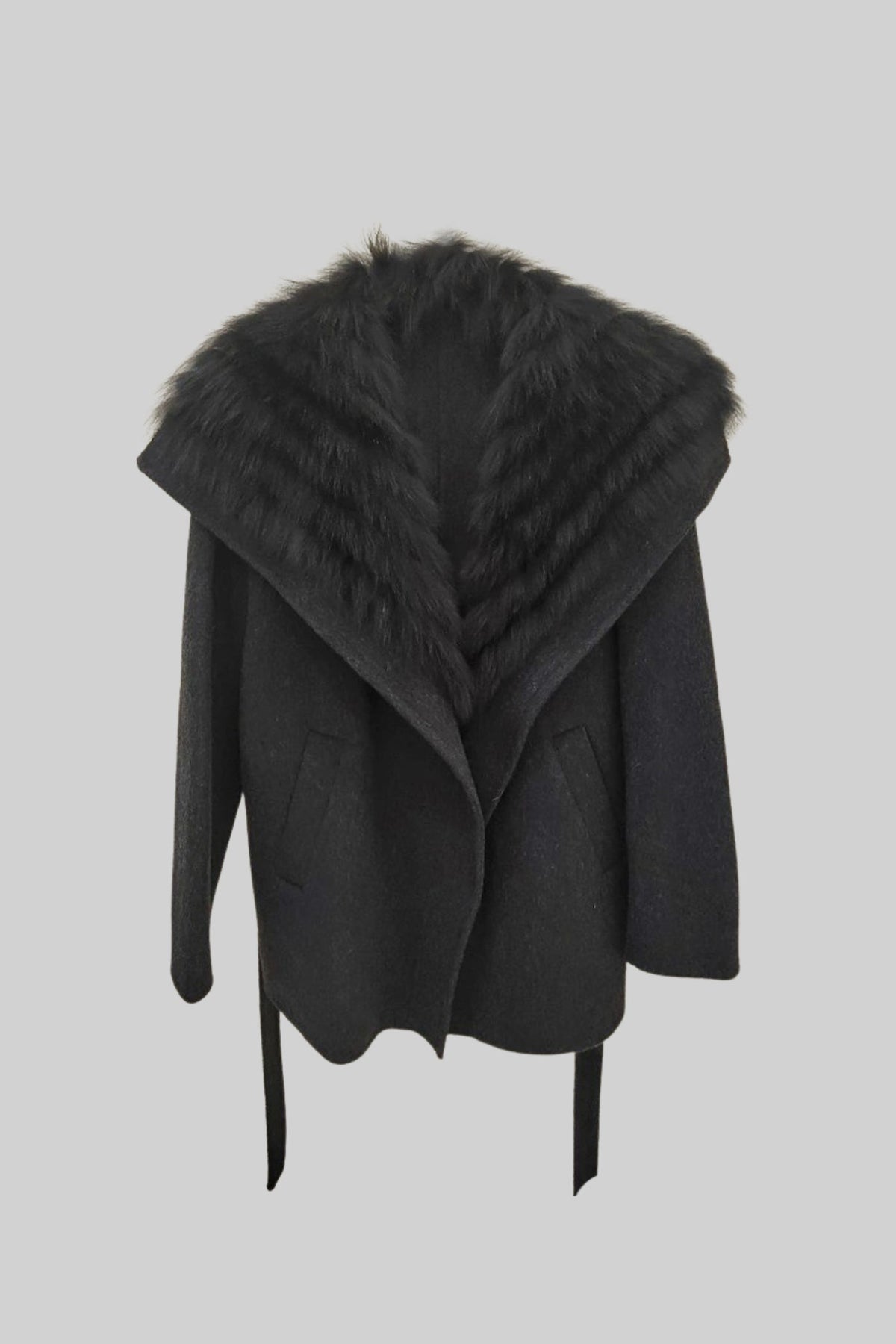 Wool Blend Coat with Oversized Shawl Collar and Belt – Black – view 3