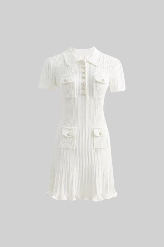 Short Sleeve Hourglass Mini Dress with Diamond-Style Buttons – White