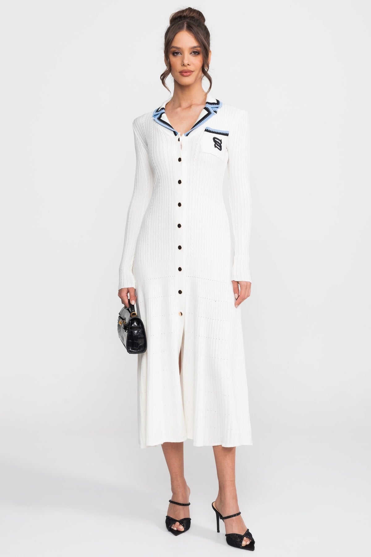 Ribbed Knit Polo Collar Long Sleeve Midi Dress with Monogram Pocket – White – view 6