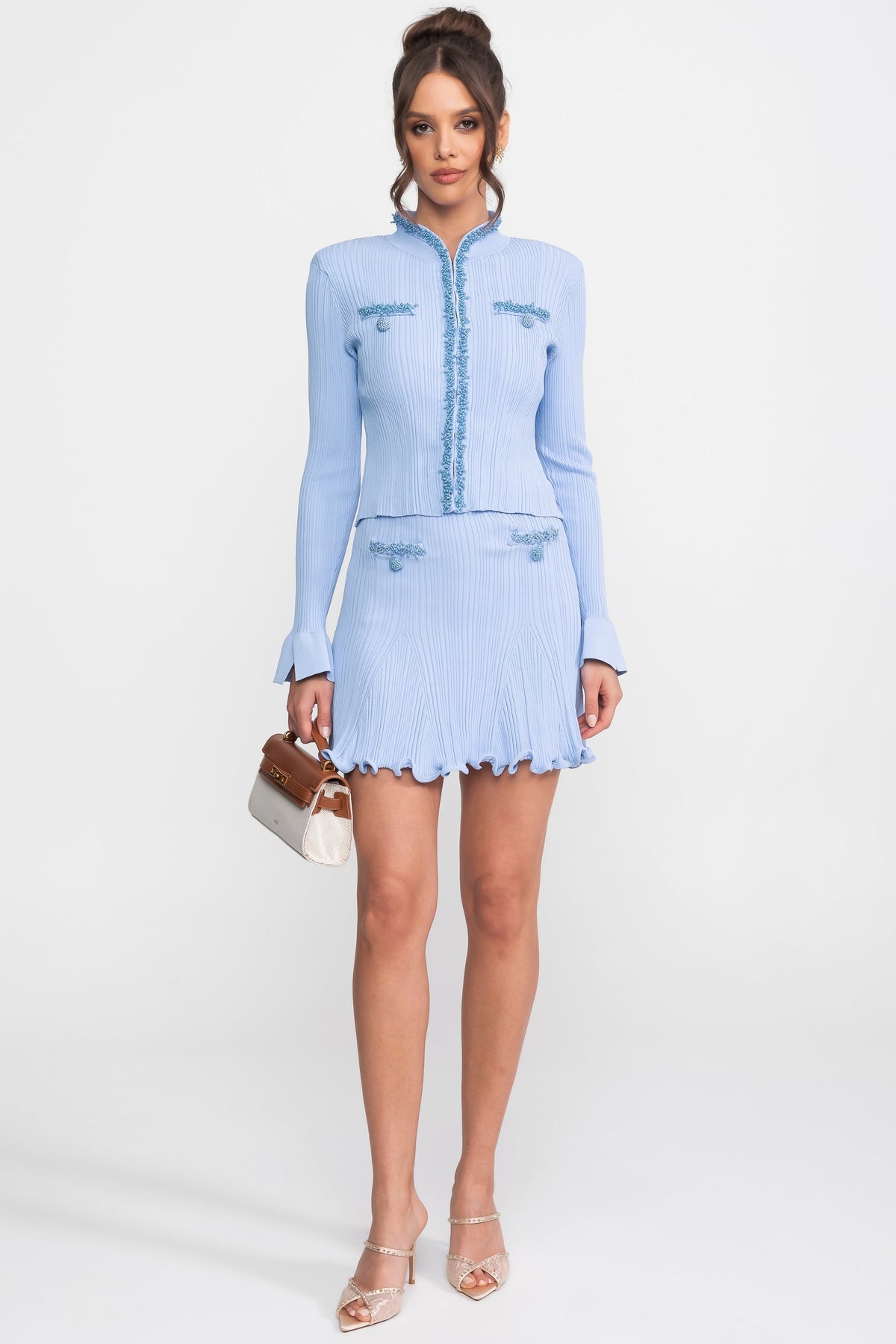 Ribbed Knit Long Sleeve Beaded Top and Mini Skirt Set – Blue – view 1