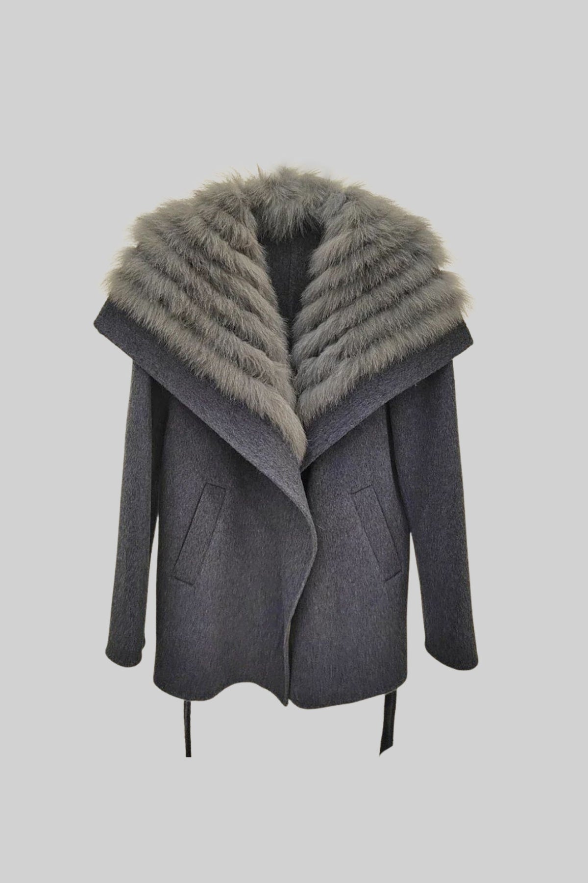 Wool Blend Coat with Oversized Shawl Collar and Belt – Grey – view 3