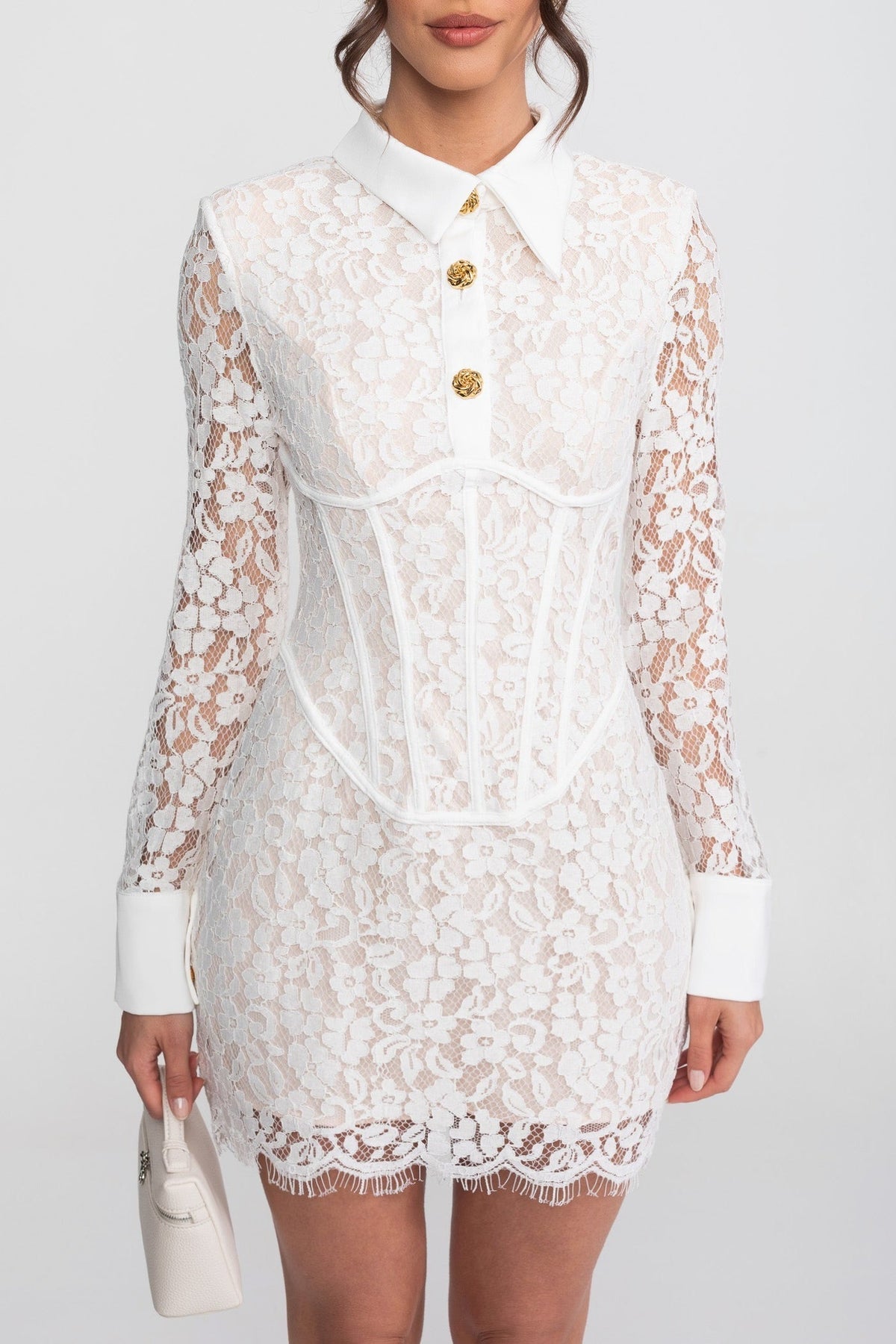 Long Sleeve Stretch Lace Mini Dress with Gold Buttons and Scallop Hem – White – view 5