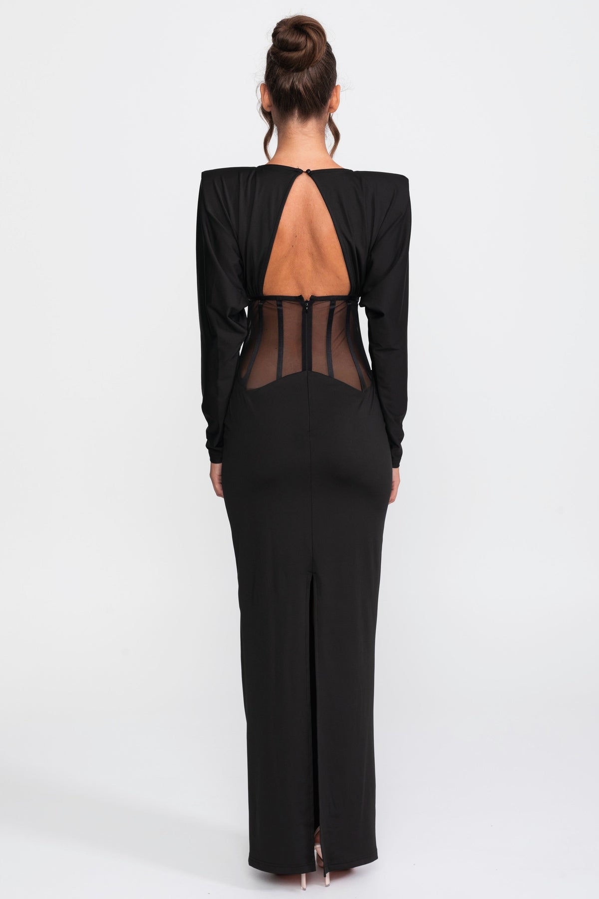 Long Sleeve High Neck Gown with Sheer Cutout Waist Panel – Black – view 7