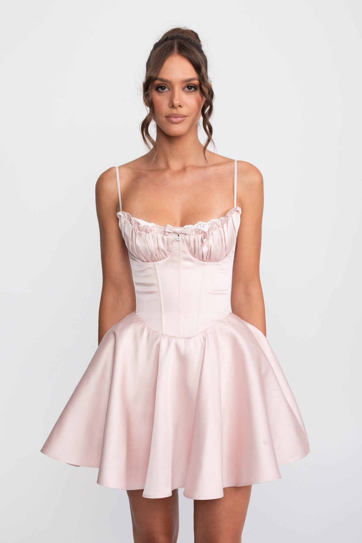 Satin Sweetheart Fit-and-Flare Mini Dress with Lace Trim – Pink – view 3