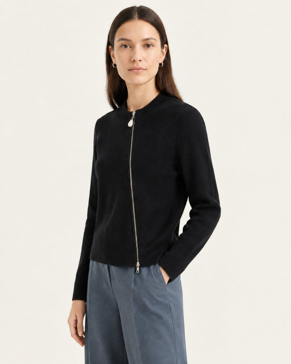 NY Cashmere Asymmetrical Zip Cardigan with Beaded Neckline