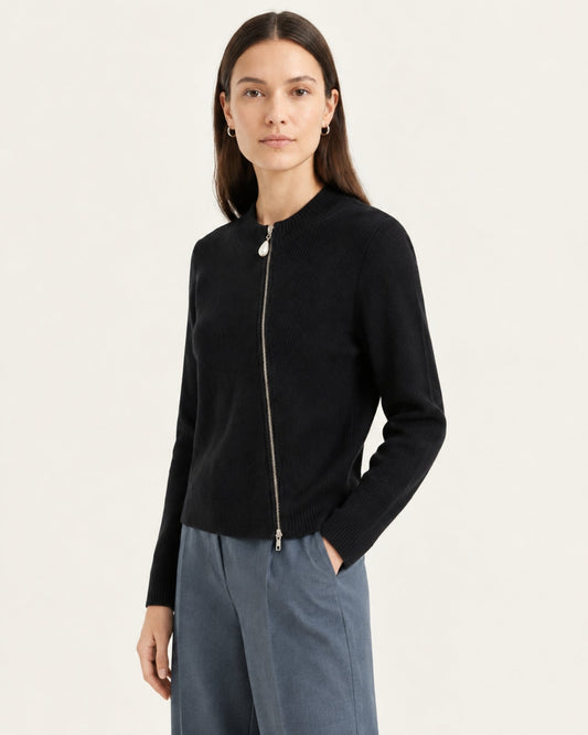NY Cashmere Asymmetrical Zip Cardigan with Beaded Neckline – view 2