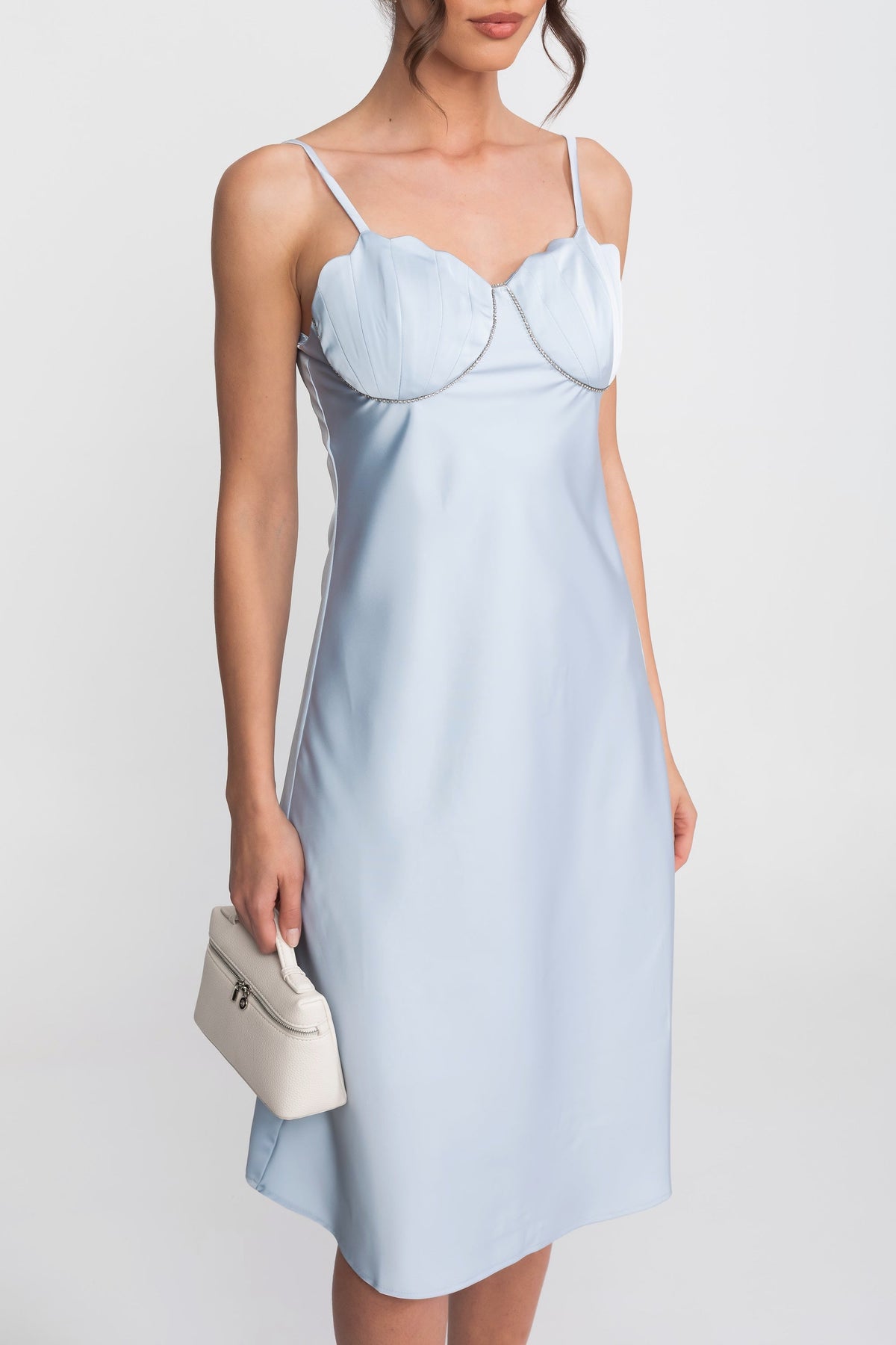 Satin Slip Midi Dress with Sweetheart Bustier Bodice – Light Blue – view 3