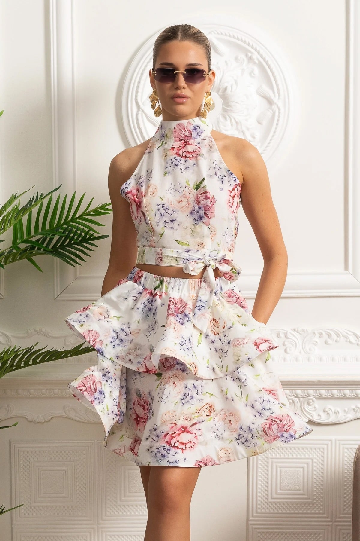 Floral Halter Crop Top and Layered Ruffle Mini Skirt Set – White/Pink – view 2