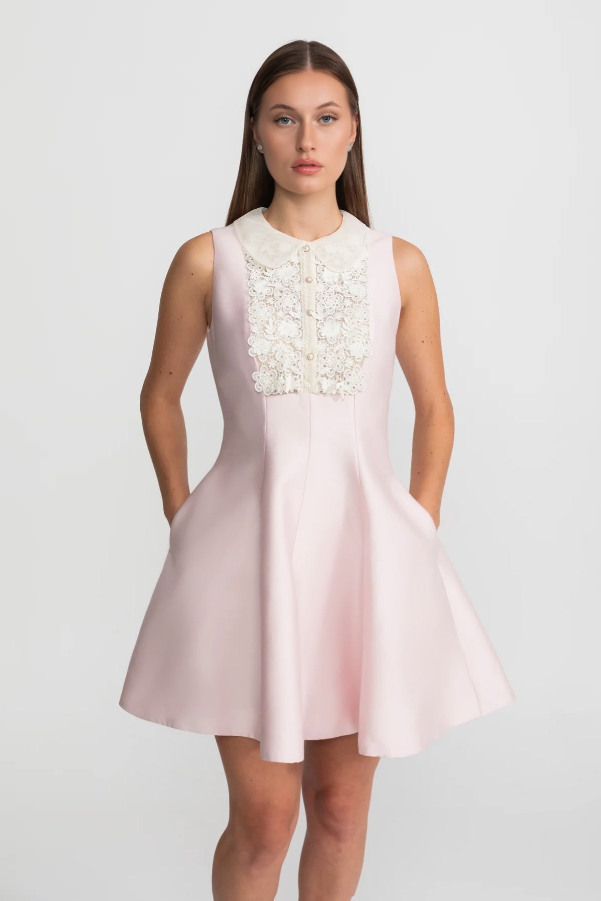 Peter Pan Collar A-Line Mini Dress with Lace Bib – Blush Pink