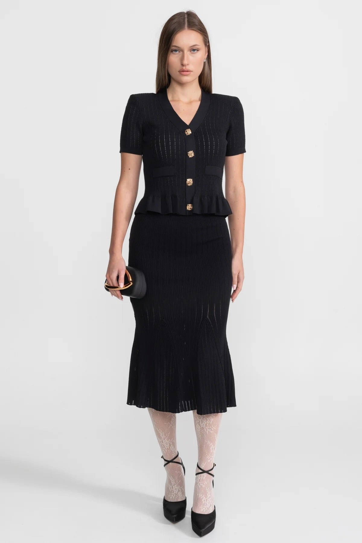 Ribbed Knit Peplum Top and Midi Skirt Co-ord with Gold Buttons – Black – view 1