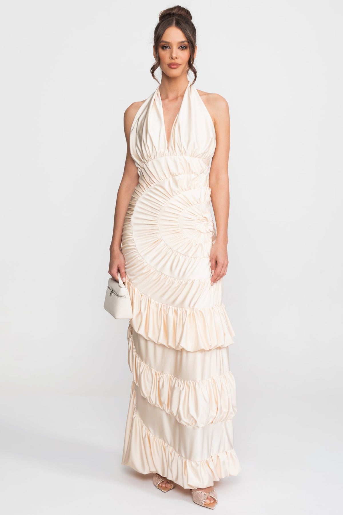 Halter Cowl Neck Fan-Pleated Maxi Dress with Tiered Ruffle Skirt – Ivory