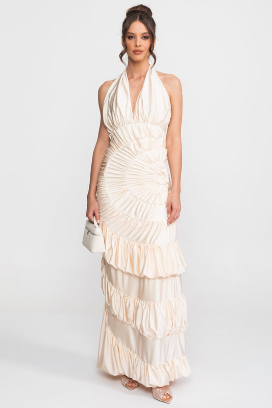 Halter Cowl Neck Fan-Pleated Maxi Dress with Tiered Ruffle Skirt – Ivory