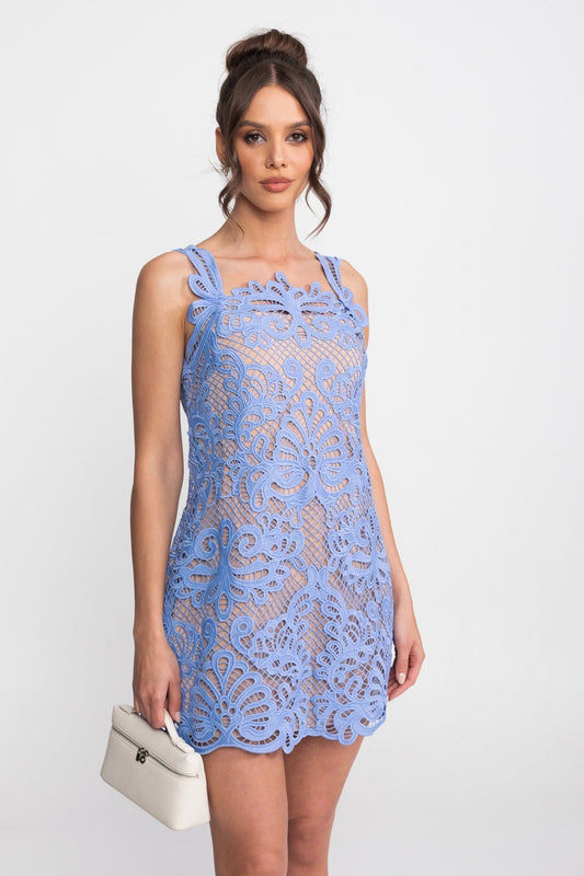 Guipure Lace Square Neck Sleeveless A-Line Mini Dress – Light Blue