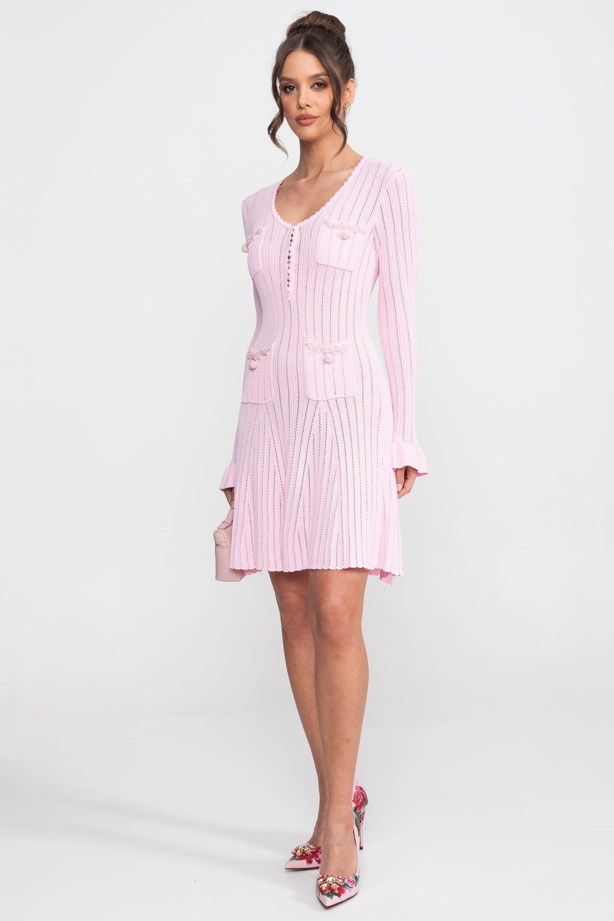 Pointelle Knit Scallop V-Neck Mini Dress with Ruffle Cuffs – Pink – view 4