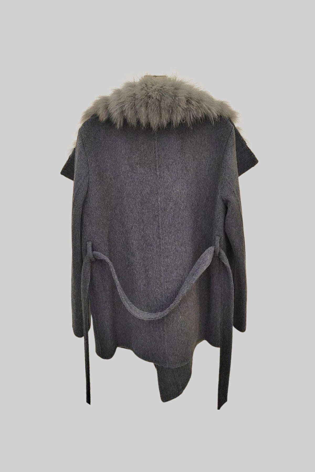 Wool Blend Coat with Oversized Shawl Collar and Belt – Grey – view 4