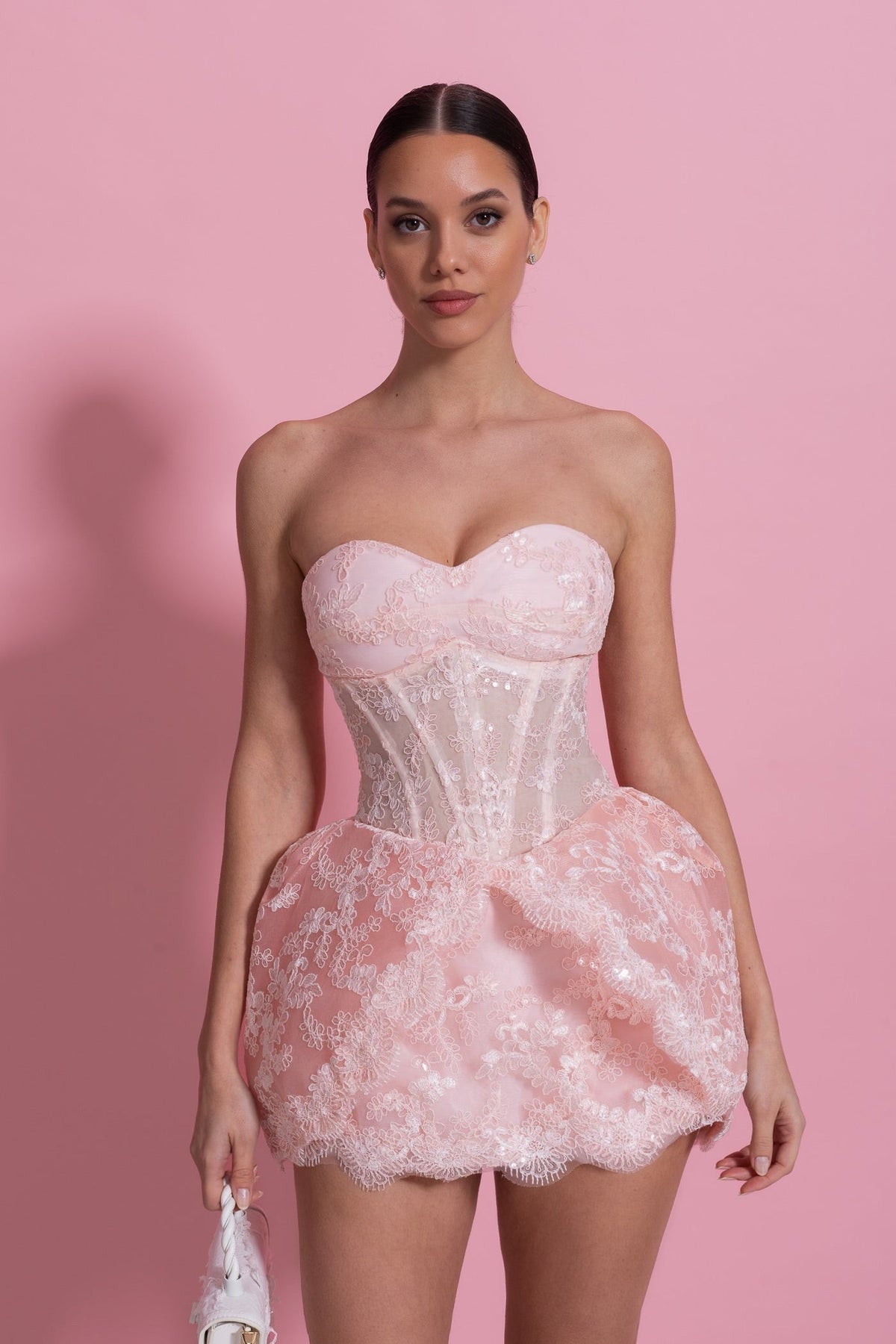 Strapless Lace Corset Mini Dress with Bubble Hem Skirt – Blush Pink – view 4