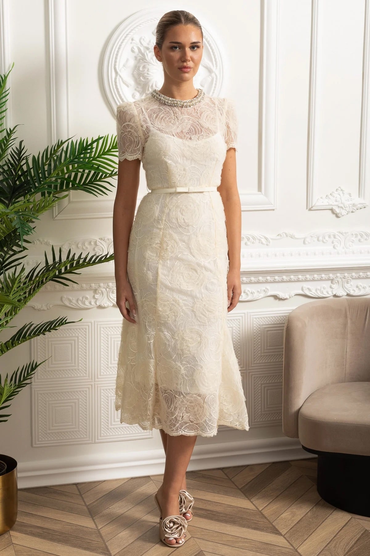Embroidered Lace Short Sleeve Midi Dress with Thin Waist Belt – Ivory – view 3