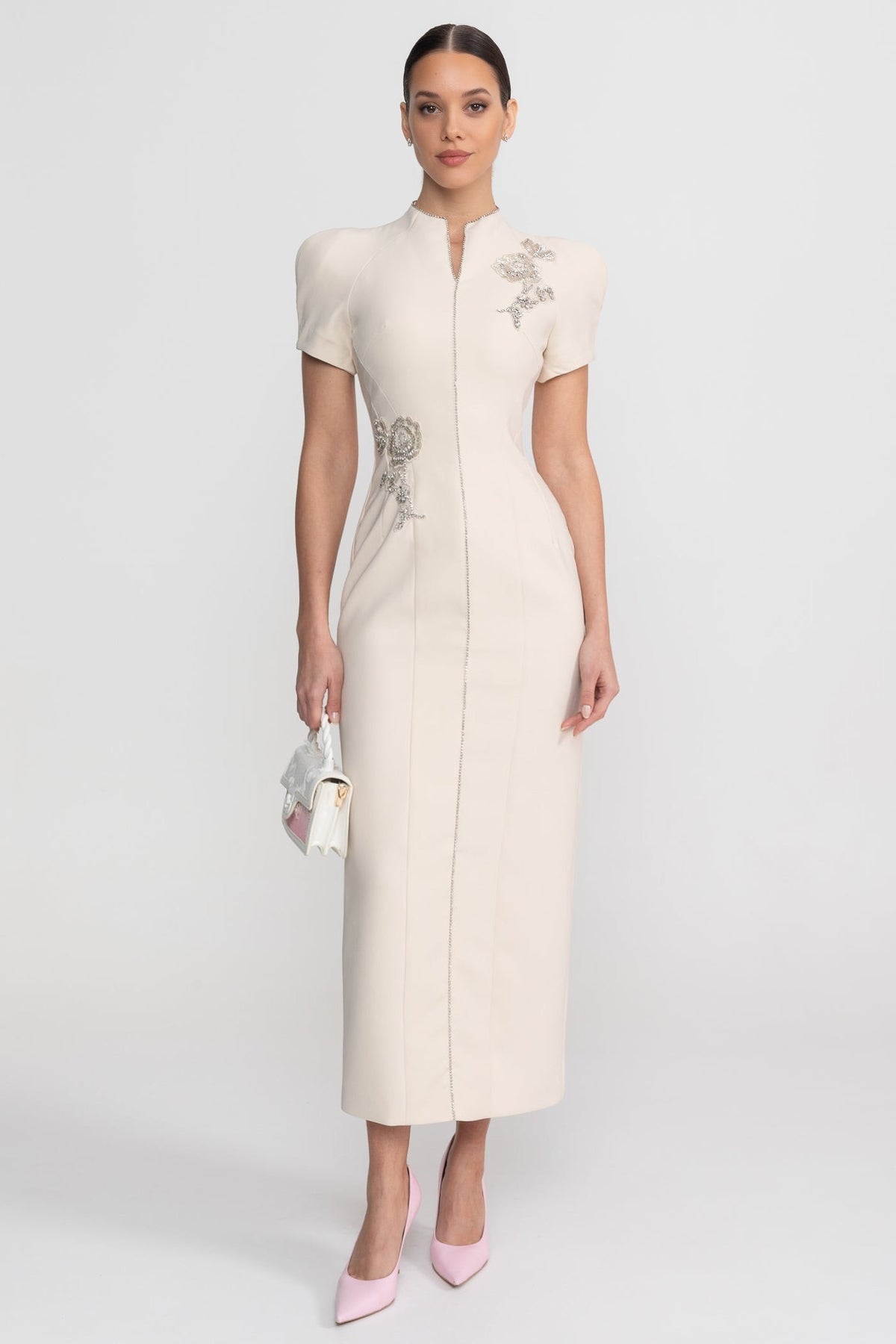 Structured Split Neck Short Sleeve Midi Dress with Crystal Trim – Ivory – view 1