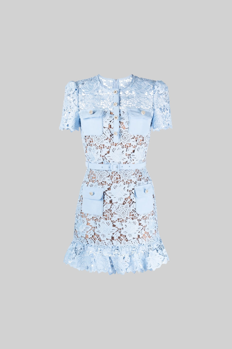 Embroidered Floral Short Sleeve Mini Dress with Jewel Buttons – Blue – view 7
