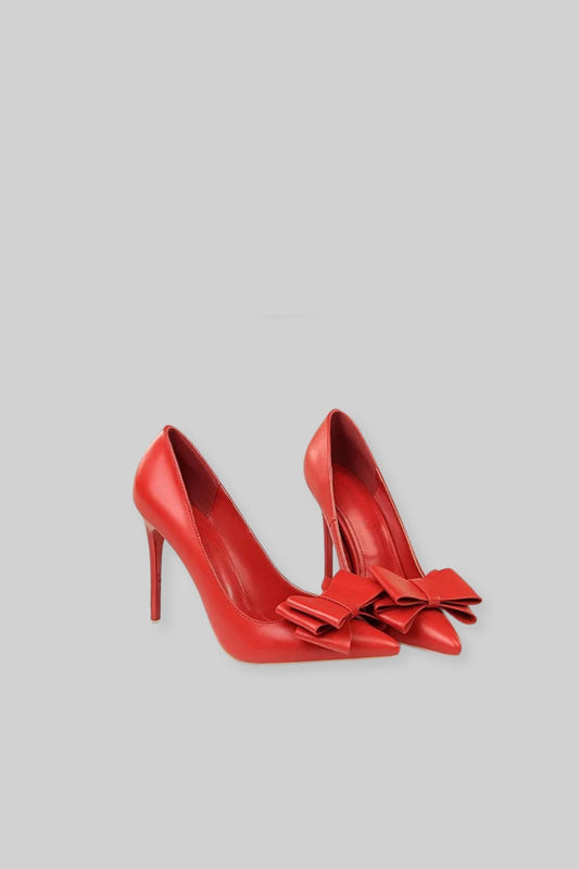 Vegan Leather Ribbon Detail 10.5cm High Heels – Red