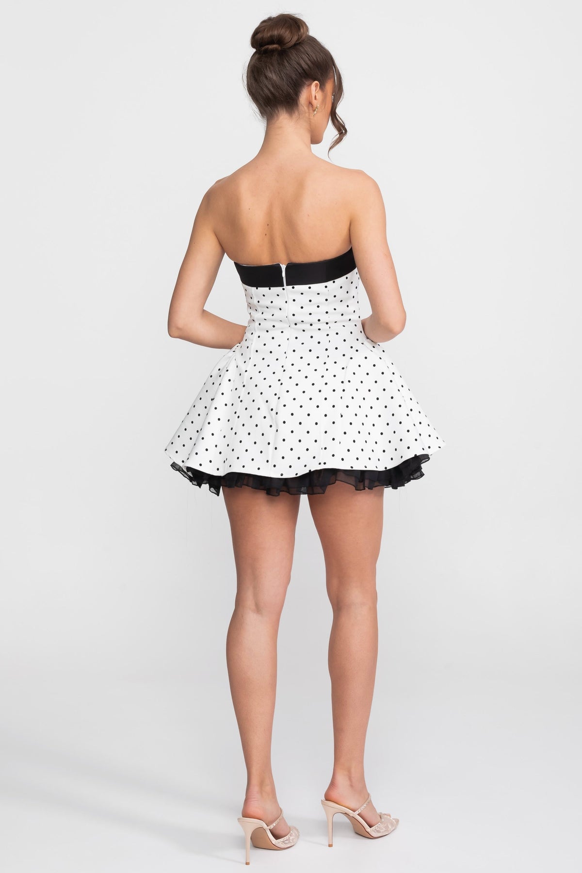 Strapless Dotted Mini Dress with Satin Bow and Organza Ruffle Hem – White – view 4