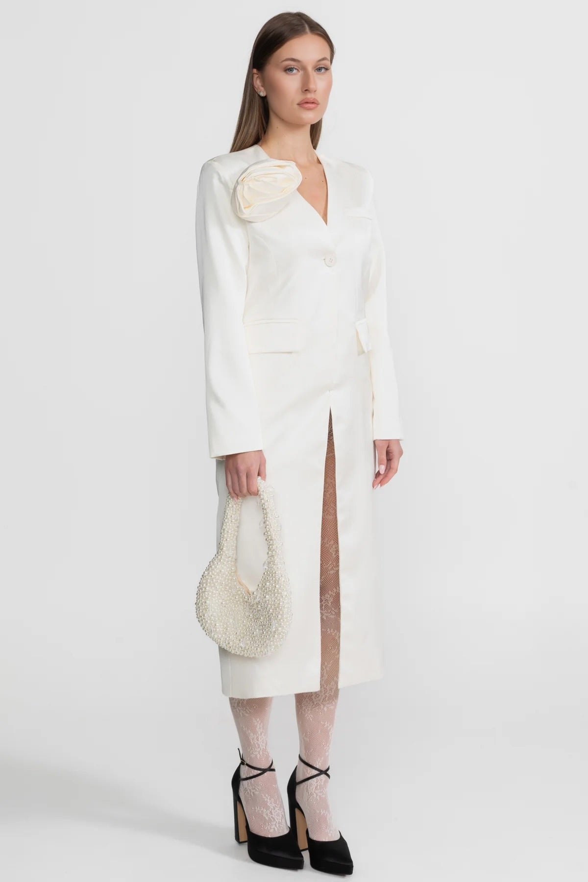 Satin Single-Breasted Blazer Dress with Rose Detail – Ivory – view 3