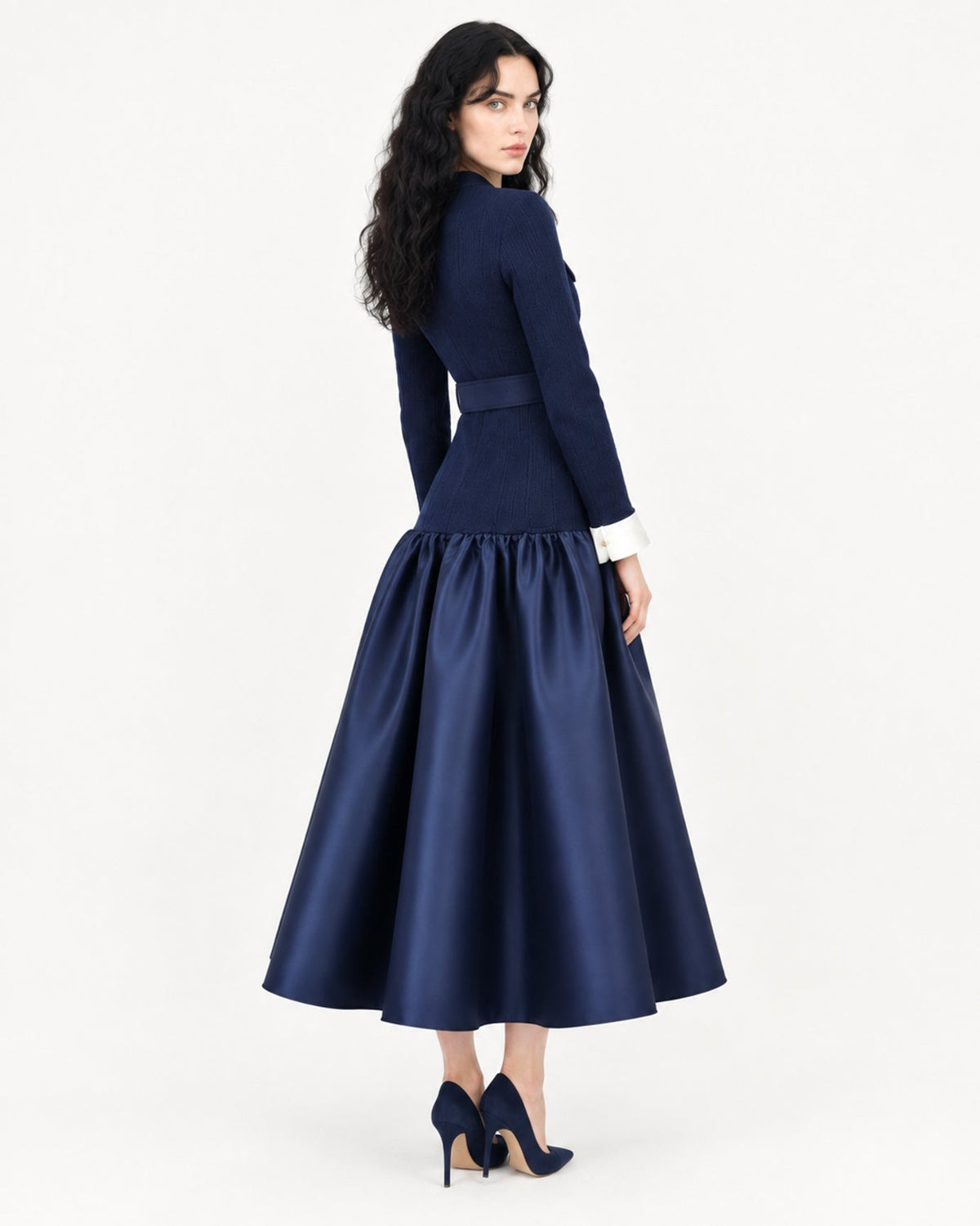 Colour Block Panelled Maxi Dress in Silk Cotton Blend – Navy – view 3
