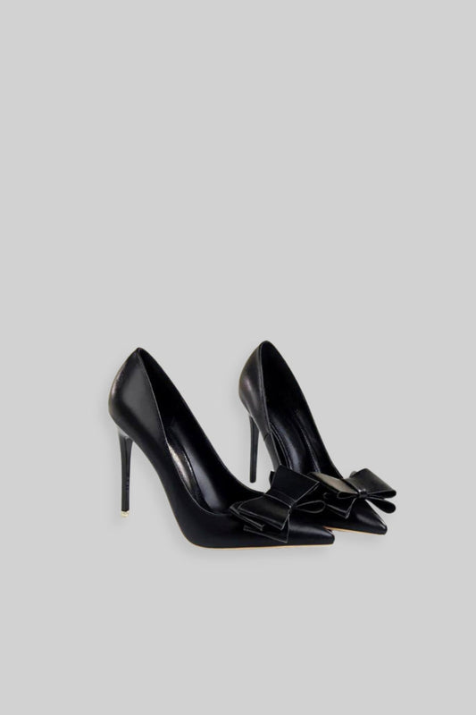 Vegan Leather Ribbon Detail 10.5cm High Heels – Black